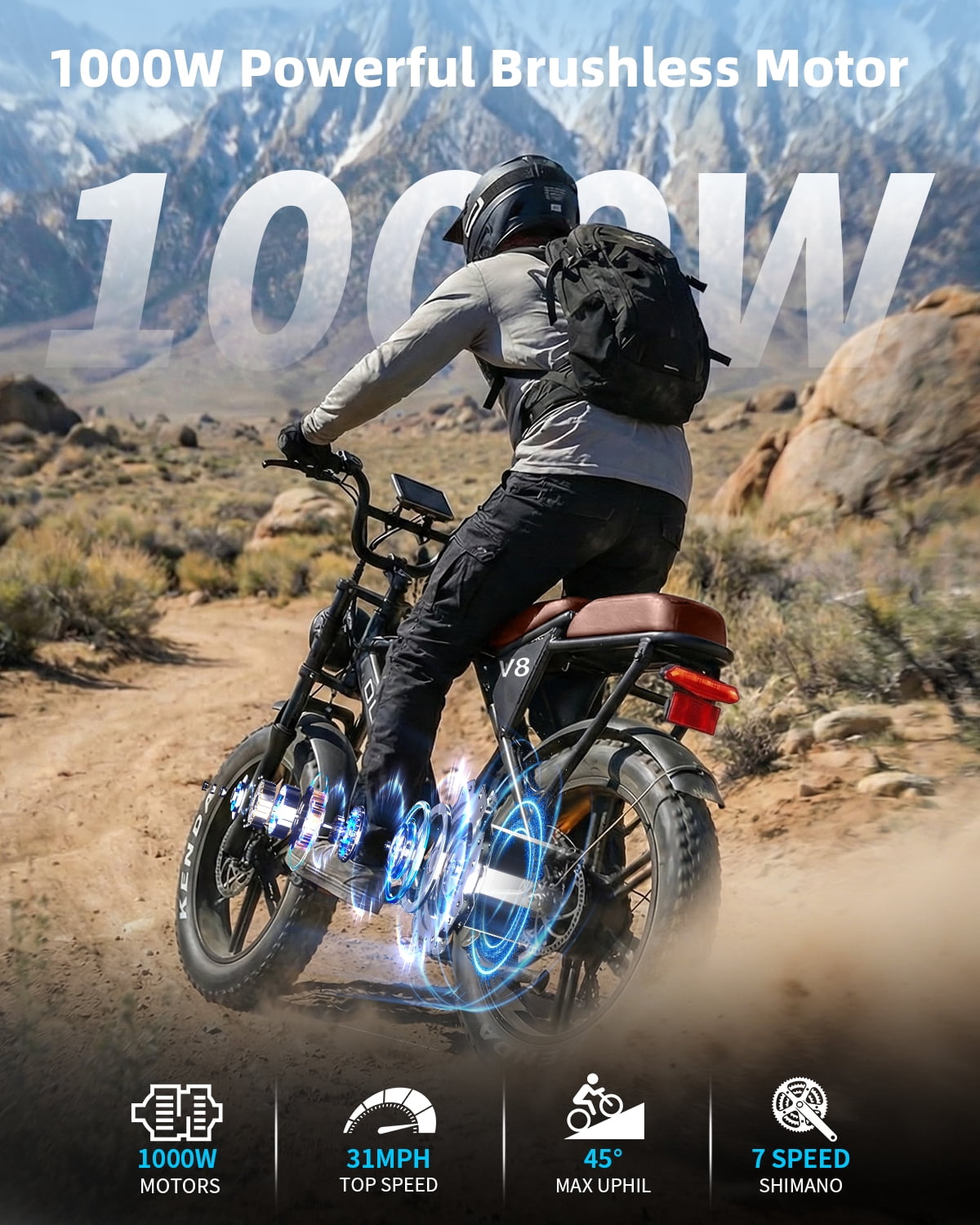 VTOKW V8 Electric Bike for Adults,1000W Peak Motor Adult Electric Bicycle,48V 15Ah Battery,Up to 31MPH,20'' Fat Tire Ebike,Dual Disc Brakes Mountain Bike for Cycling,7 Speed E Bike,E-bike UL2849