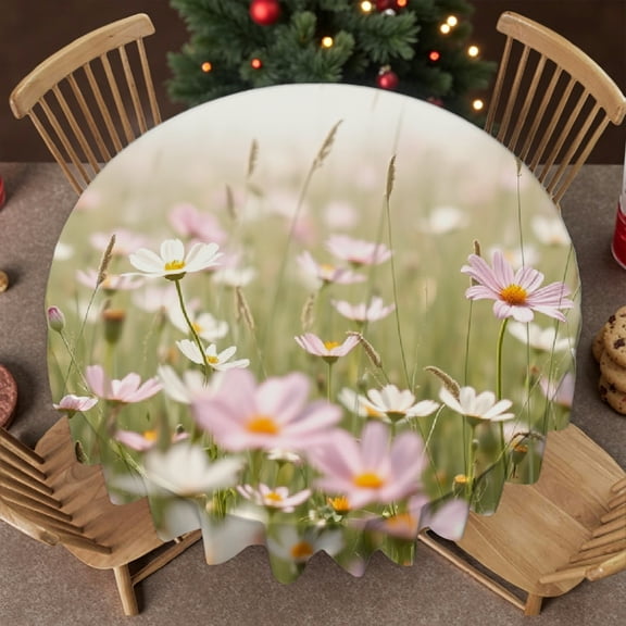 RKSupls 60 Inch Round Tablecloth, Wildflower Daisy Meadow Polyester Table Cover - Soft, Stain Resistant & Washable Decor for Wedding, Party, Holiday, Home Dining