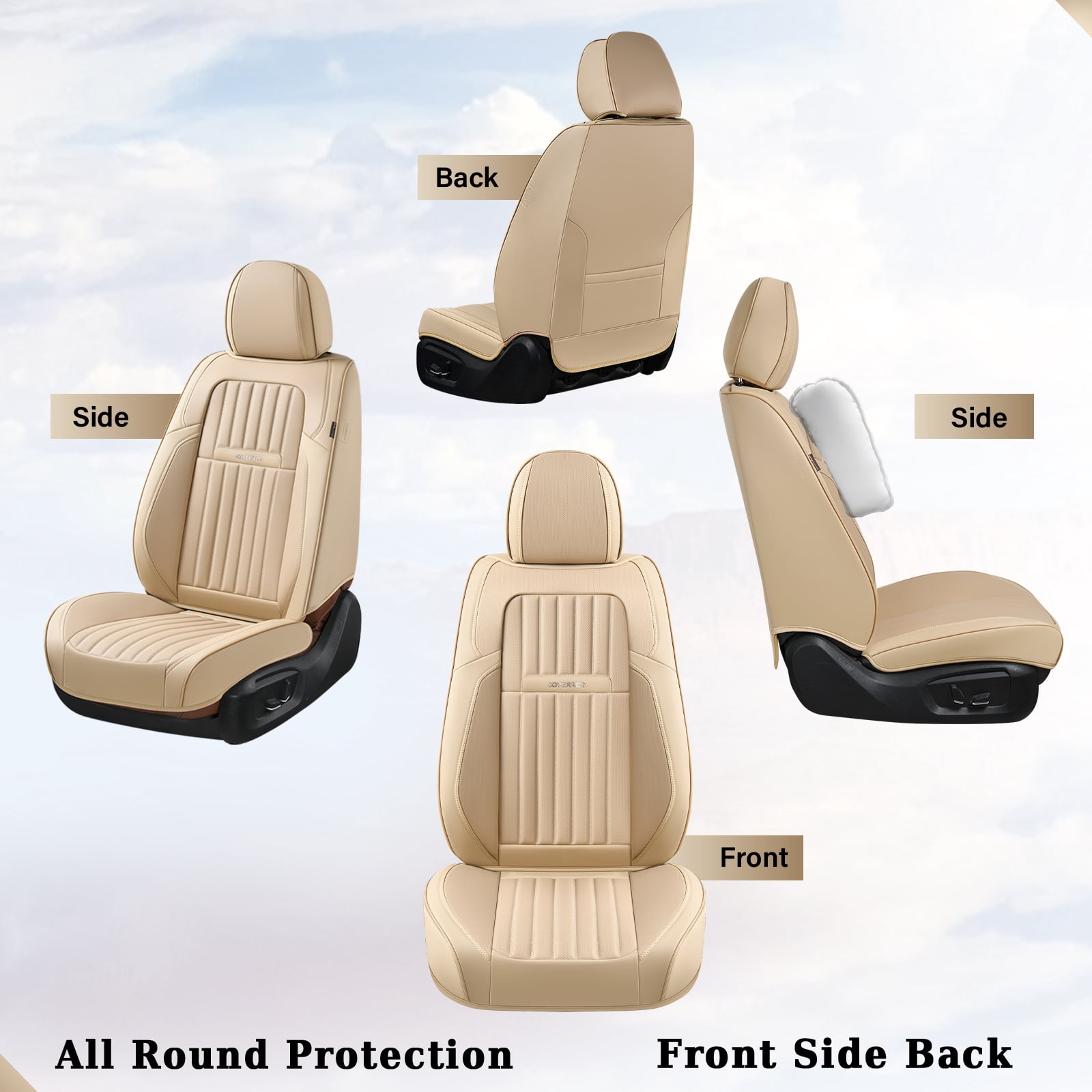 Coverado Car Seat Covers Full Set, Beige Front and Rear Seat Protectors, Waterproof Faux Leather Universal Fit for Most Cars