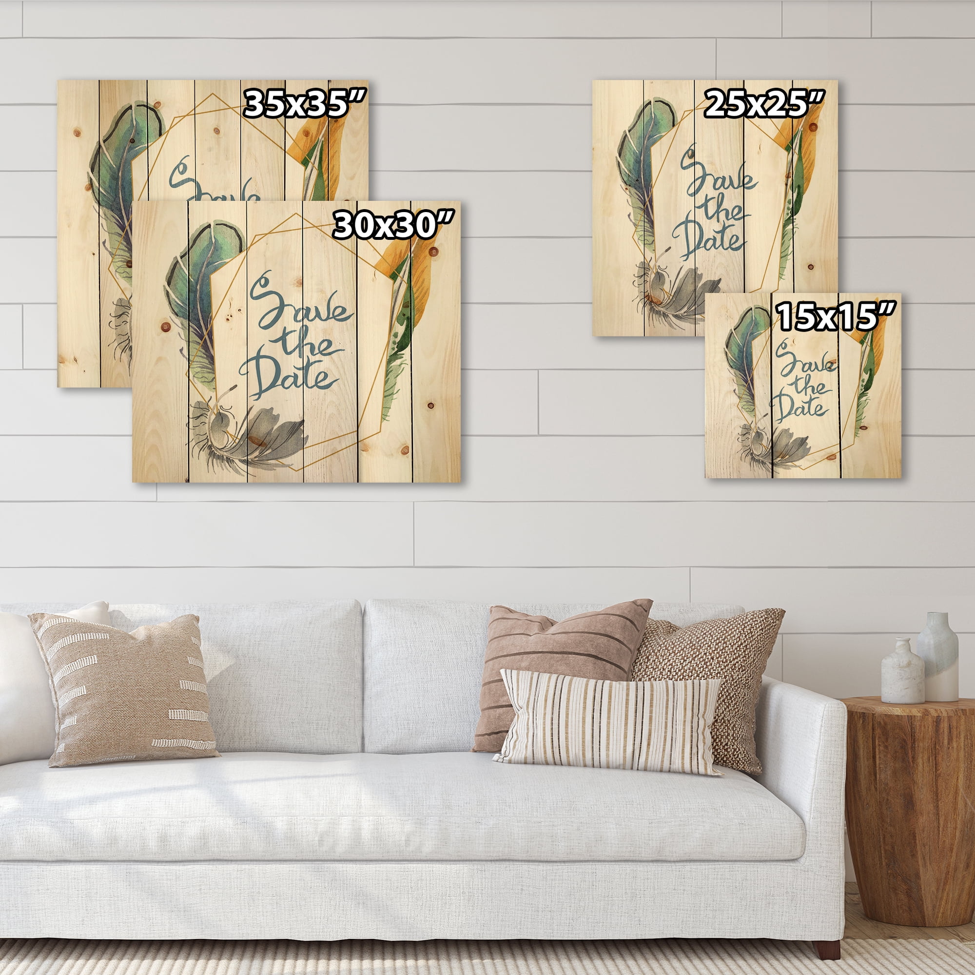 Designart 'Save The Date Bird Blue Feather' Bohemian & Eclectic Print on Natural Pine Wood