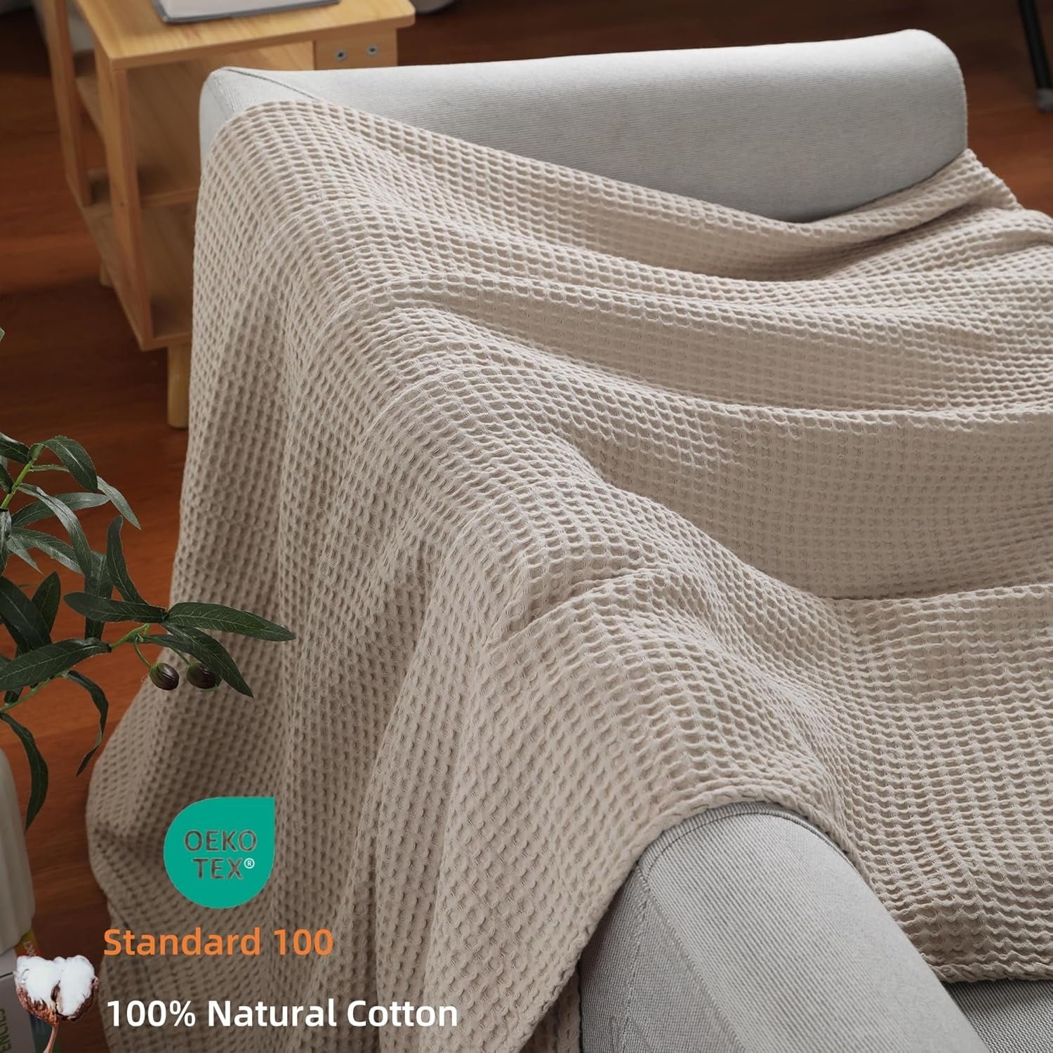 Shunjie.Home 100% Cotton Waffle Bed Blanket Queen Size, Throw Blanket for Couch All Seasons (Beige, 90x90)