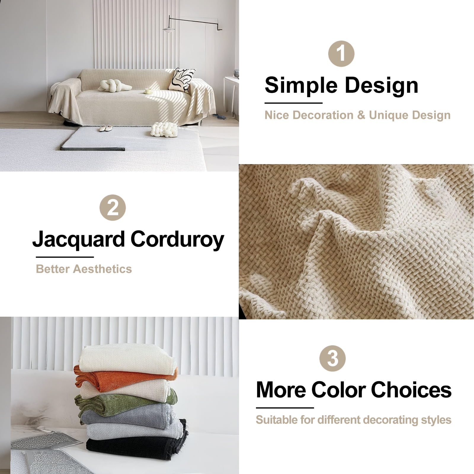 SANMADROLA Sofa Cover Chenille Couch Covers, Corduroy Jacquard Non Slip Couch Sofa Cover, Love Seat Couch Covers for 2 Cushion Couch, Furniture Protector for Dogs, Pets, 71"x118", Khaki