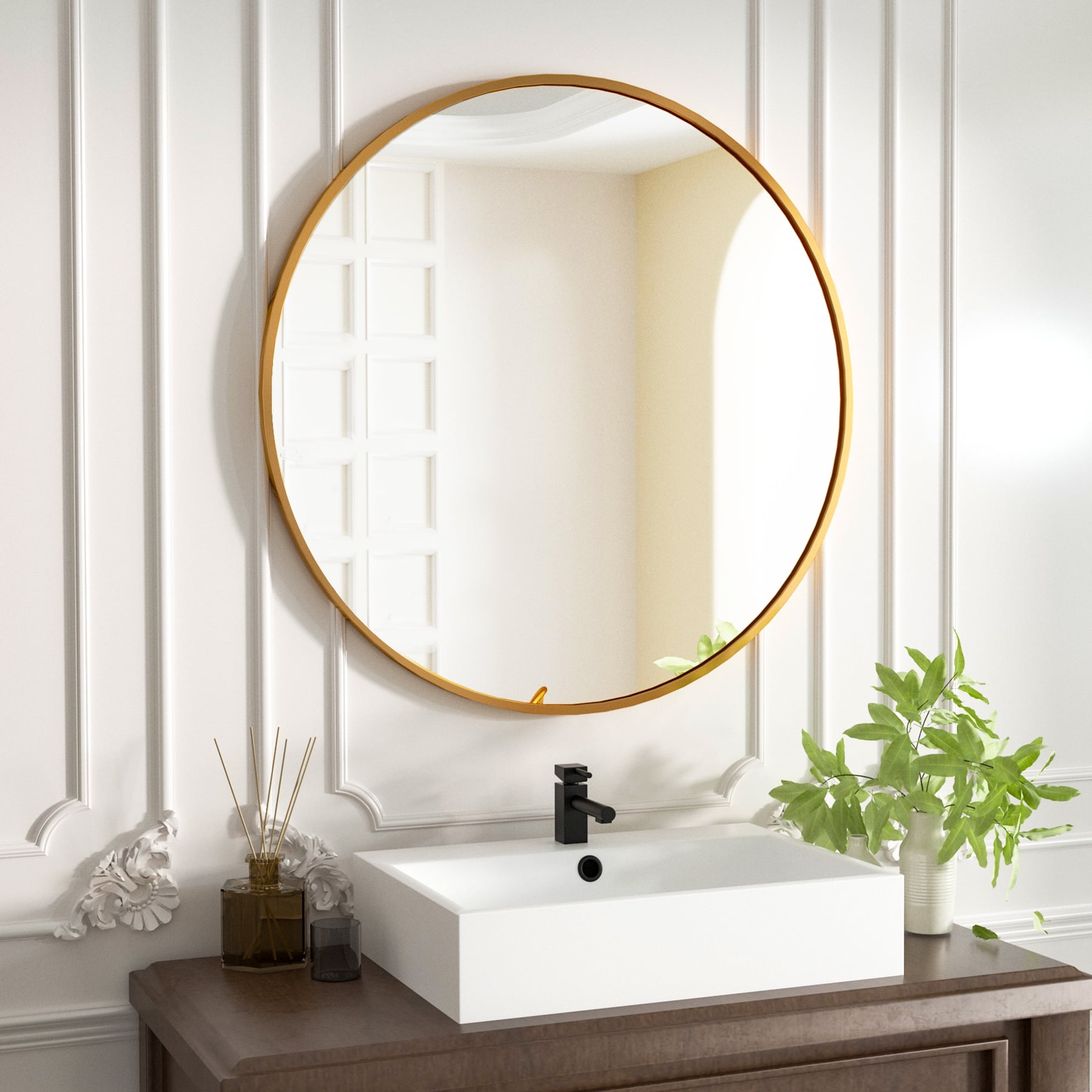 BEAUTYPEAK 24" Wall Mirror Bathroom Mirror Wall Mounted Round Mirror