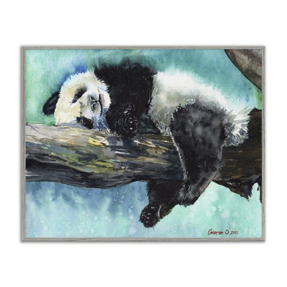 Stupell Industries Traditional Sleepy Baby Panda in Tree over Vibrant Blue Gray Framed Giclee Art, 14 x 11, by George Dyachenko