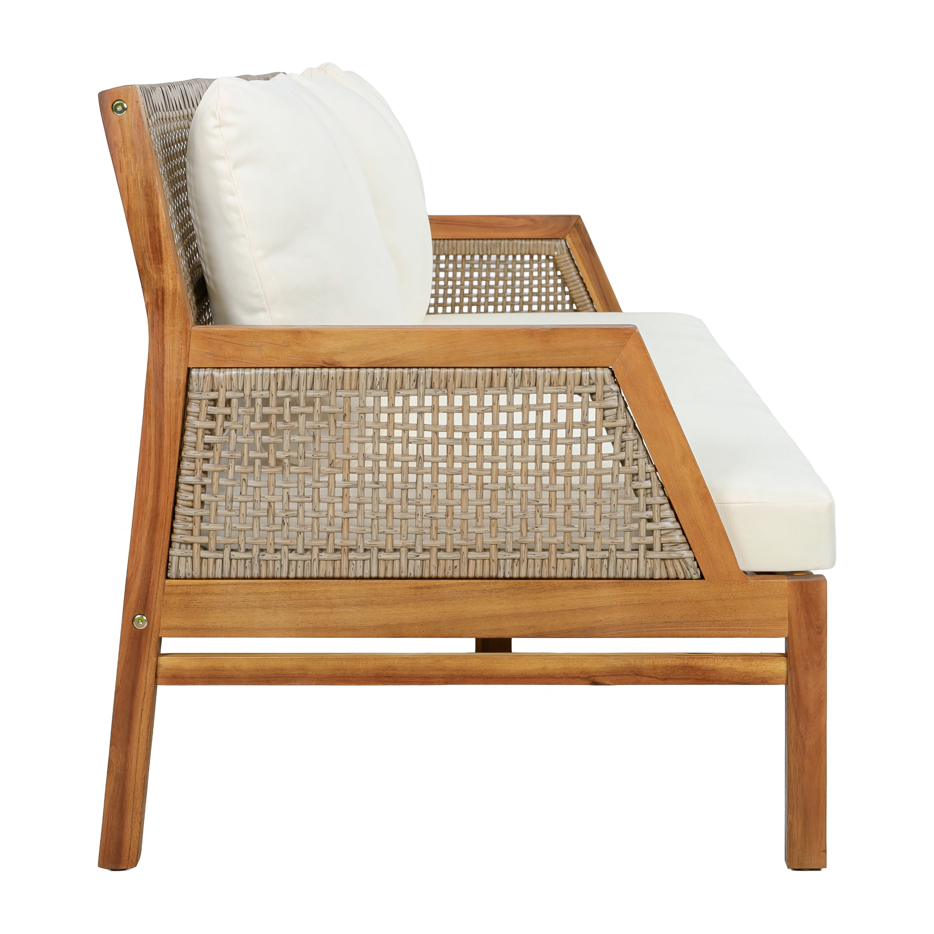 4-Piece Patio Furniture Set with Acacia Wood and Wicker, Outdoor Sectional Sofa and Coffee Table with Soft Cushions for Garden Backyard, 5-Seat, Teak and Cream