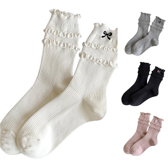 WAYUTE Womens Ruffle Bow Crew Socks Soft Stretchy Breathable Frill Scalloped Ballet Style Knit Casual Cotton Socks