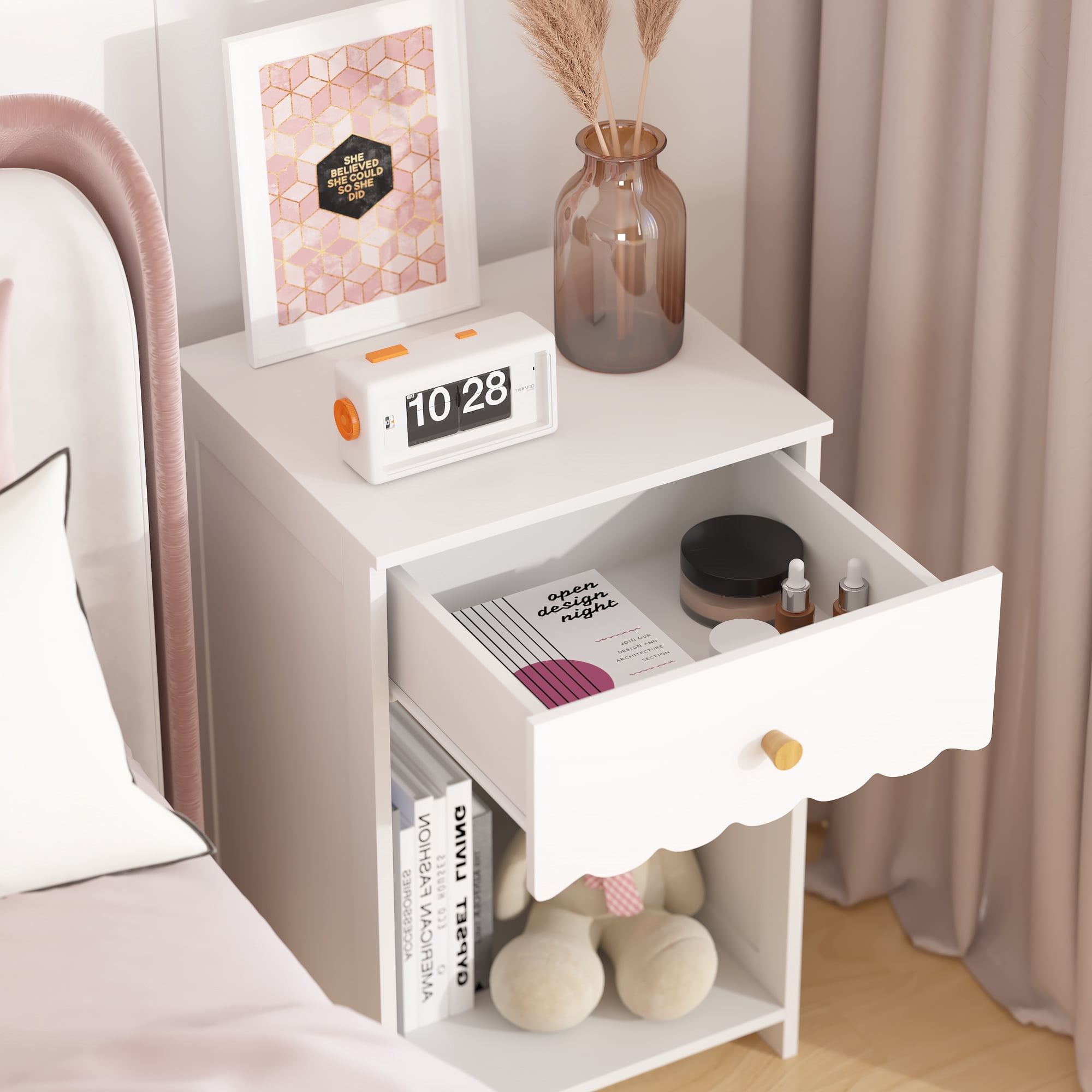 Yoneston Elegant Open Shelf Nightstand with Drawer Storage for Kid's Room Bedside Bedroom, Snow White