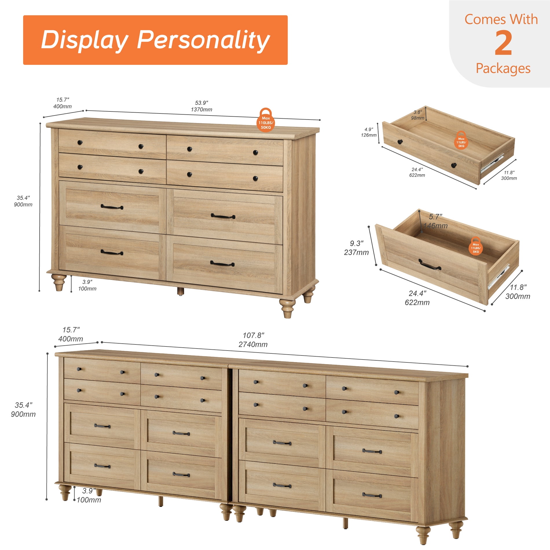 Set of 2 Dressers with 16 Drawers, Large Dresser TV Stand for Living Room Kids Room, Oak