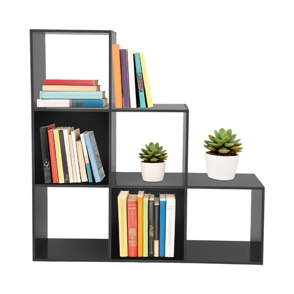 6-cube L-Shaped Bookcase Stepped Bookshelf Corner Storage Shelf for Home/Office (Black/White)