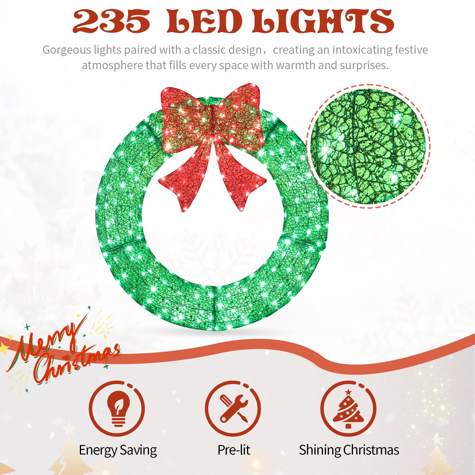 35.4" Pre-Lit Outdoor Christmas Wreath with Red Bow, 225 Red Green LED Lights Remote Control Timer Weather-Resistant Metal Frame for Indoor Outdoor Front Door Porch Gate Holiday Decor