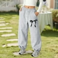 thumbnail image 2 of Girls Wide Straight Leg Loose Jogger Sweatpants Elastic Waist Drawstring Jogger Pants Cute Bow Printed Sports Pants with Pockets, Light Gray 10-11Y, 2 of 4