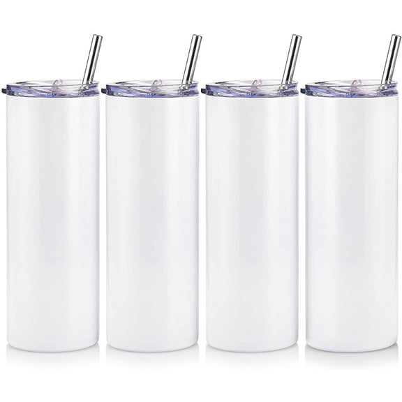 4 Pack Sublimation Blanks Straight Skinny Tumbler, Stainless Steel Double Wall Vacuum Insulated Tumbler with Lid and Straw (20 oz White)
