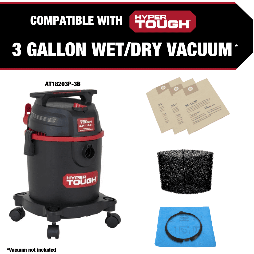 Hyper Tough 3 Gallon Wet/Dry Vac Filter Replacement Bundle - High-Efficiency Disposable Bag 3-Pack, Foam Filter, Cloth Filter & Clamp