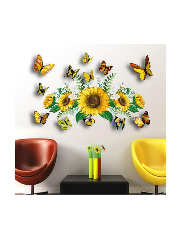 Jikolililili Sunflower Wall Stickers With 3d Butterfly Wall Sticker Butterfly Wall Decals Home Decoration Reduce Under $5