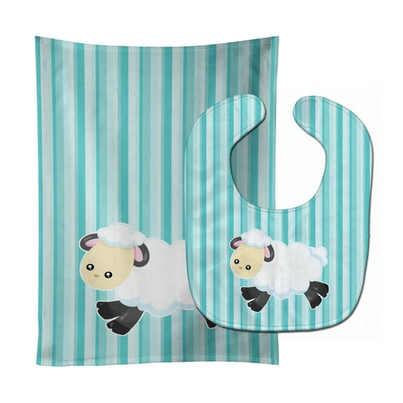 Sheep on Blue Stripes Baby Bib and Burp Cloth