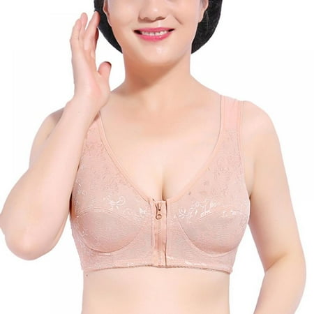 Women Front Zipper Floral Breathable Bra Solid Wireless Cotton Bra Lift Up Push Up Gathered Bra