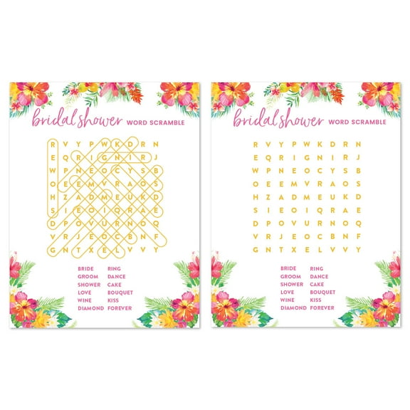 Tropical Floral Garden Party Wedding, Word Search Bridal Shower Game Cards, 20-Pack