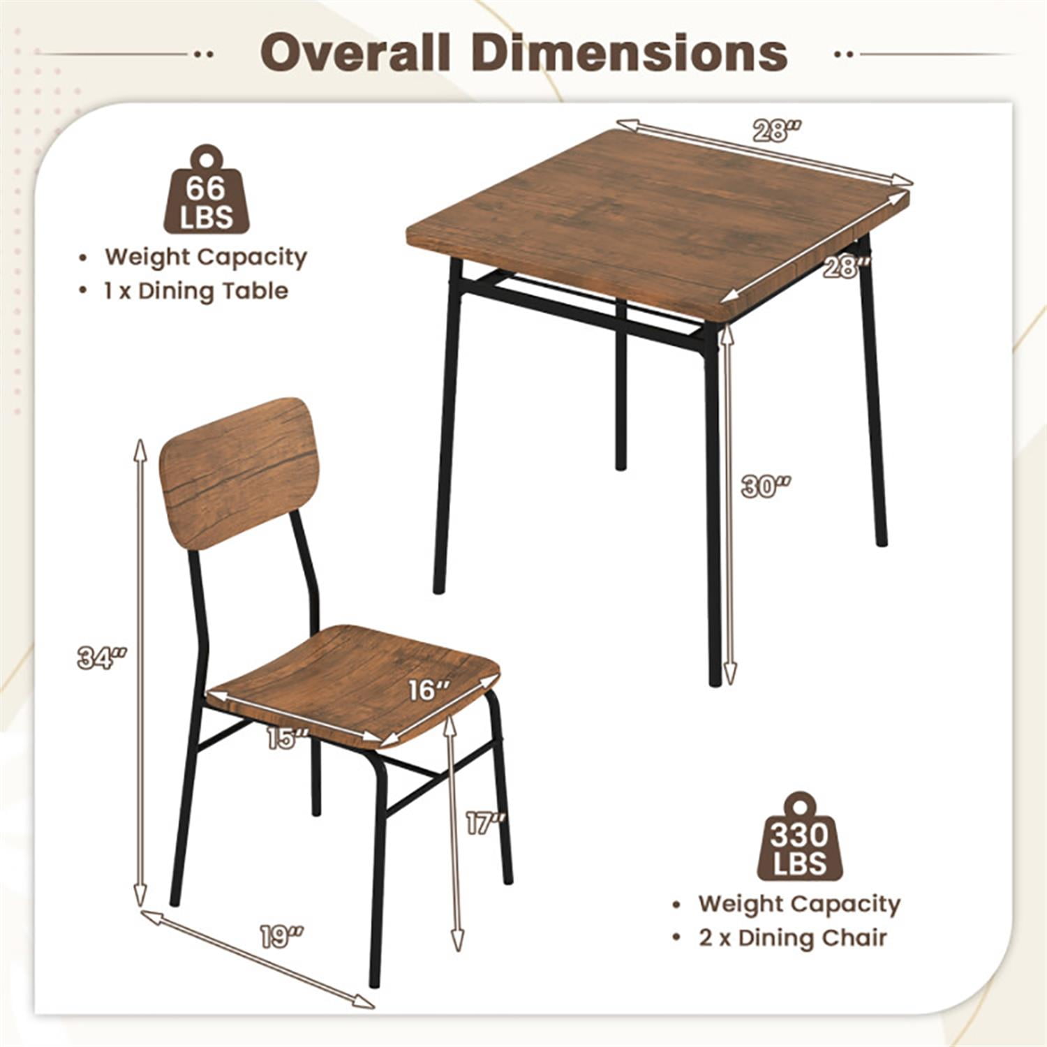 Demi Bonn 3-Piece Dining Table Set with 2 Chairs, 28" Wood Square Kitchen Table with Metal Frame, Perfect for Small Space, Brown