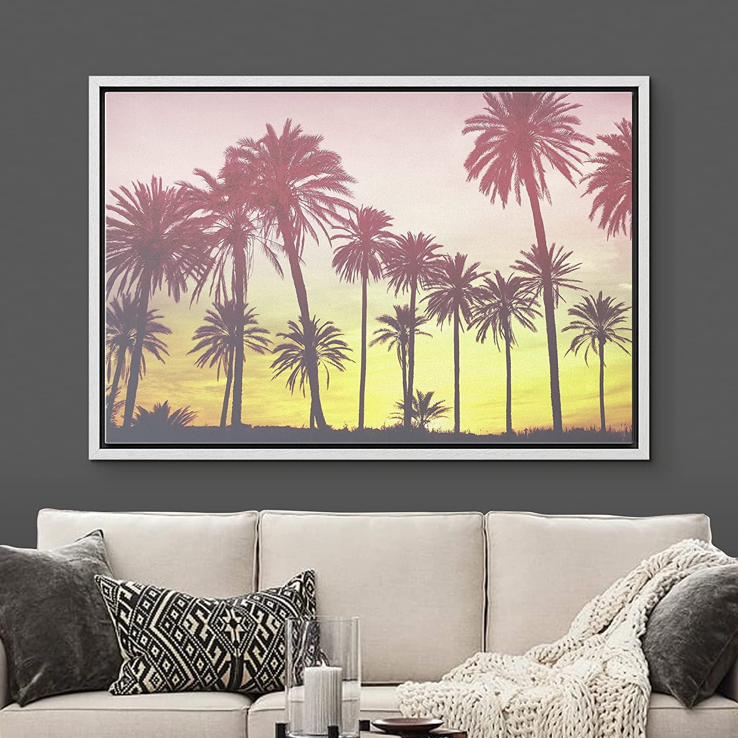 Pink Palm Tree Ocean Beach Seascape Poster Wall Art Canvas Print Modern Painting 