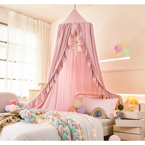 Dosel para Cama Mengersi para Niñas de Algodón Beige y Rosa