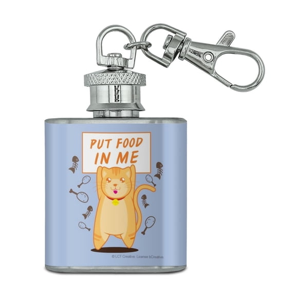 Put Food in Me Hungry Cat Funny Humor Stainless Steel 1oz Mini Flask Key Chain