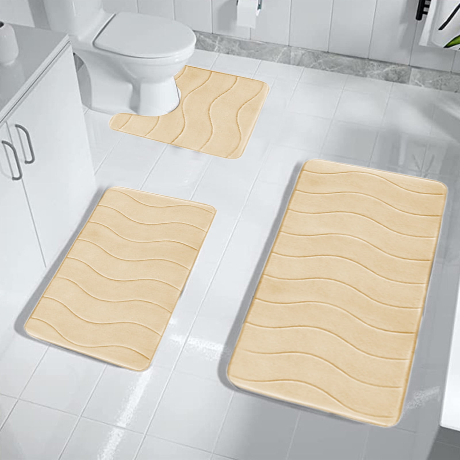 Beautynvta Memory Foam Bath Mat Set, 3 Pieces Quick-Dry Absorbent Bath Mats and U-Shaped Contour Rug for Bathroom, Non-Slip and Soft Comfortable, Beige