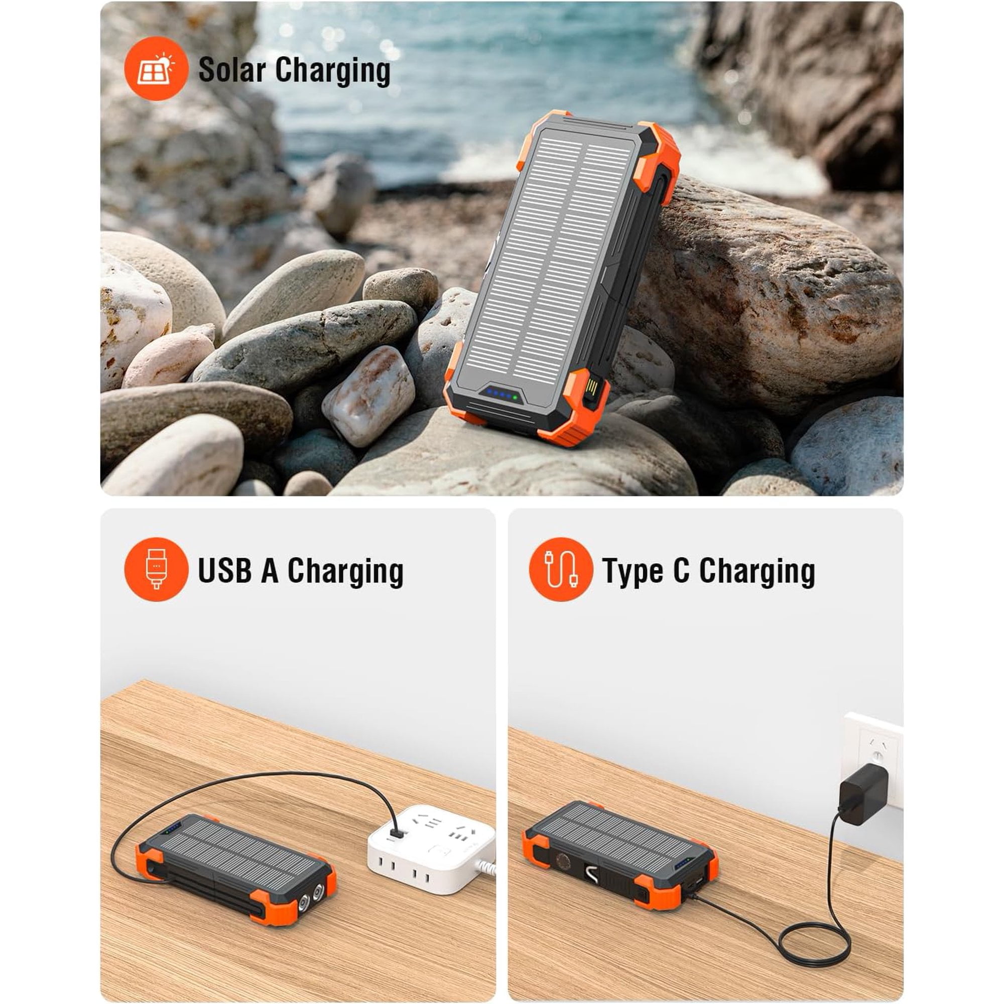 42800mAh Solar Charger Power Bank with 4 Cables, 15W Fast Charging Portable Charger for Cell Phone, Wireless Charger Solar Battery Pack with Dual Flashlights, Carabiner