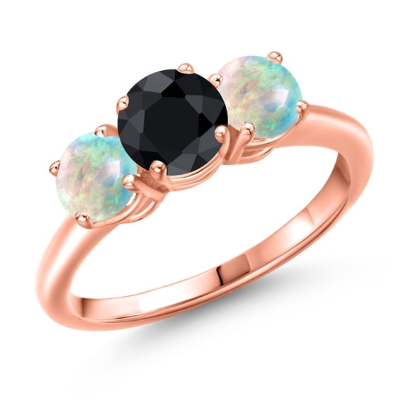 Gem Stone King 18K Rose Gold Plated Silver Black Sapphire and Simulated White Opal Engagement Ring for Women | 2.15 Cttw | Round 6MM | Gemstone September Birthstone | Size 6