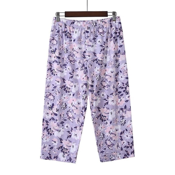 Yertdoel Pajama Pants Women Elastic Waist Floral Printed Cotton Summer Thin Lounge Capris Loose Casual Soft Cozy Sleep Cropped Pants