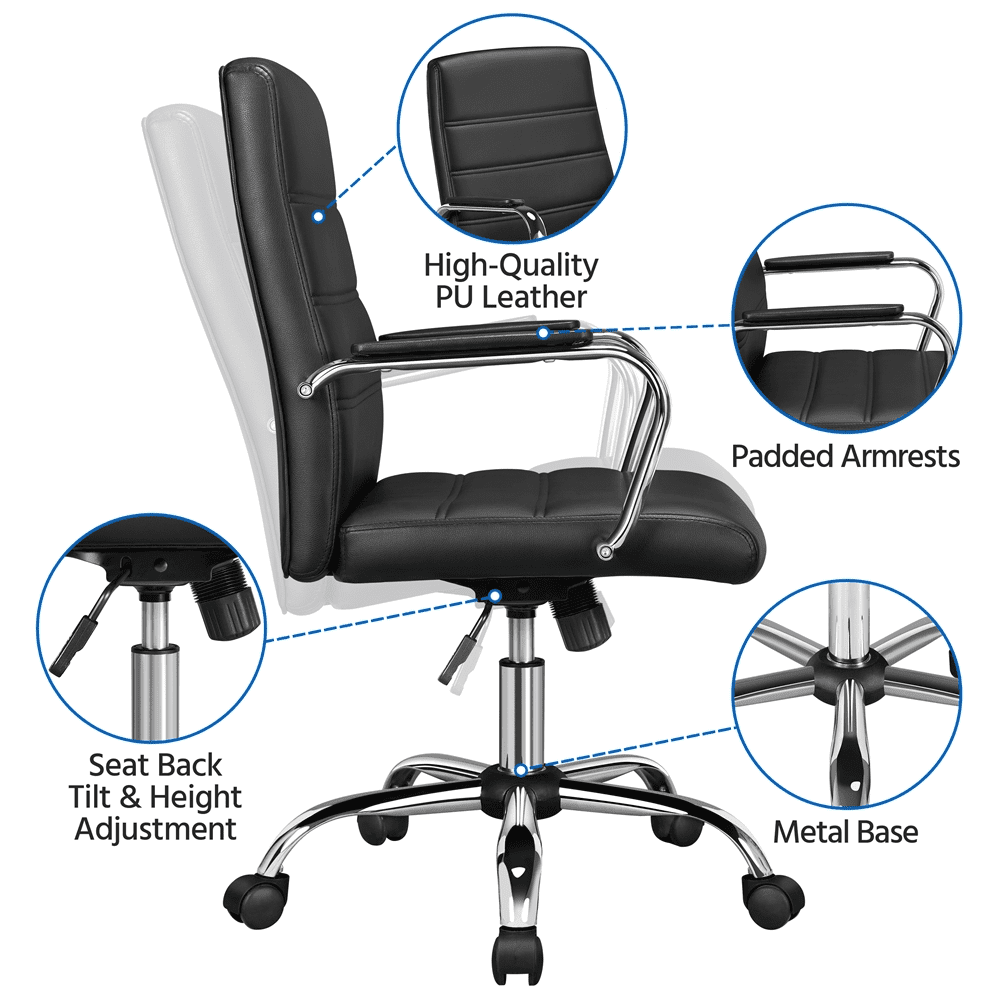 Alden Design Mid-Back Swivel PU Leather Office Chair for Home Office, Black
