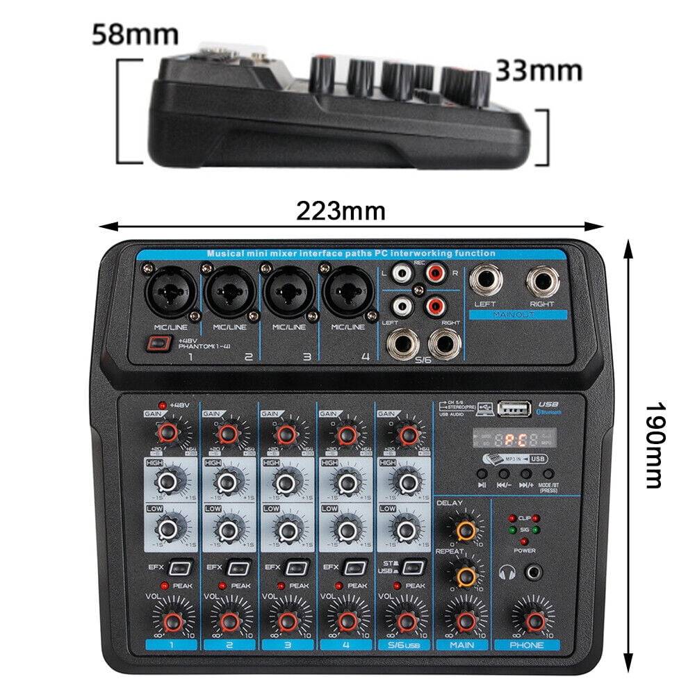 Professional Audio Mixer 6 Channel Digital Mixer, Bluetooth Sound Board DJ LED Mixers with 48V Phantom Power, USB Interface Stereo Mixing Console Analog Mixer for Karaoke Podcasting