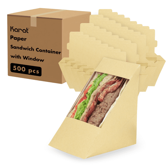 Karat 19oz Paper Sandwich Wedge Container with Window, Kraft - 500pcs