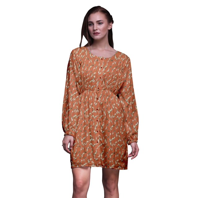 Bimba Robe Midi à Manches Longues pour Femmes, Coupe Décontractée, Imprimée Florale de Roses Orange et de Renoncules, Boutonnée - Petit