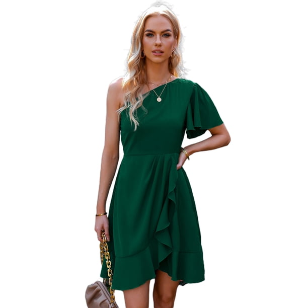 Txlixc, vestidos de noche de verano para mujer, color sólido, un hombro, volantes, minivestido de fiesta para mujer Txlixc Moda
