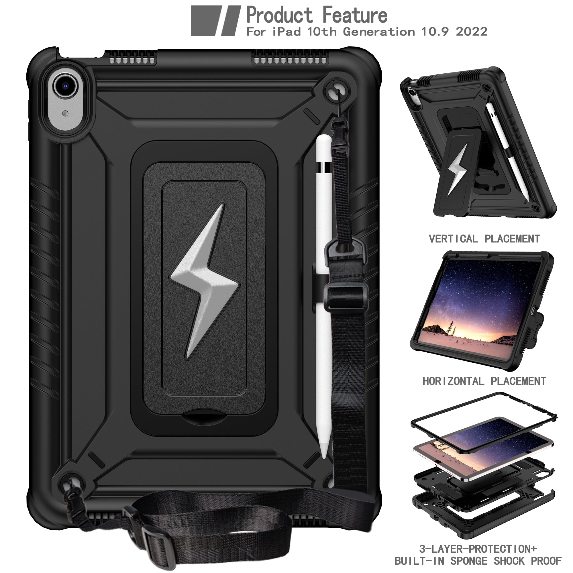 ELEHOLD For Apple iPad 11th(A16)/10th 10.9 Inch Case,Rugged Shockproof 3-Layer Kickstand Pencil Holder Protective Case with Shoulder Strap for Kids, School, Outdoor Travel,Black