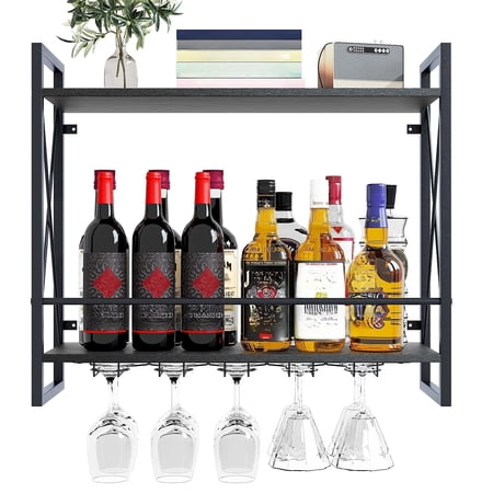 Wine Rack Wall Mounted 2 Tier Shelf Wall Wine Rack with Industrial Iron & Rustic Wood Frame Wine Bottle Holder for Kitchen Dining Room Home Bar Decor (Gold)