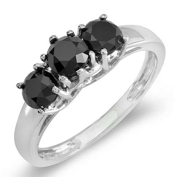 1.00 Carat (ctw) 14K White Gold Black Round Diamond Three Stone Ladies Engagement Ring 1 CT