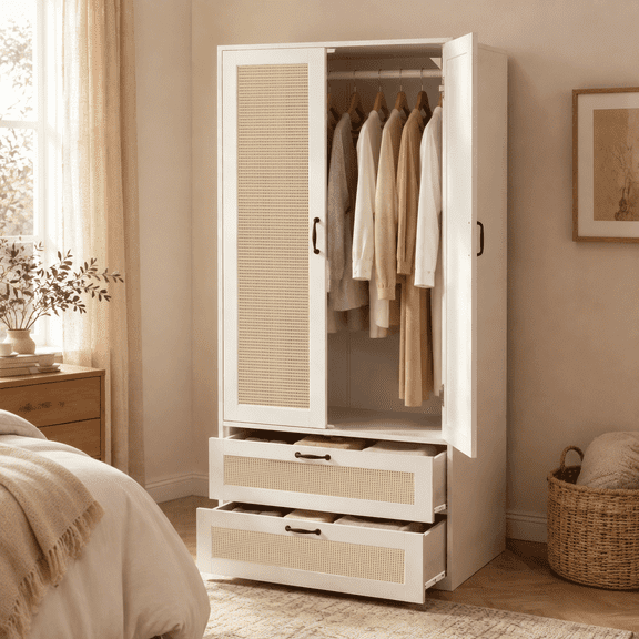 Gyger, 2 Doors Wardrobe Armoire Closet with 2 Drawers, Farmhouse Wooden Armoire Storage Cabinet with Shelves & Hanging Rod for Bedroom,White