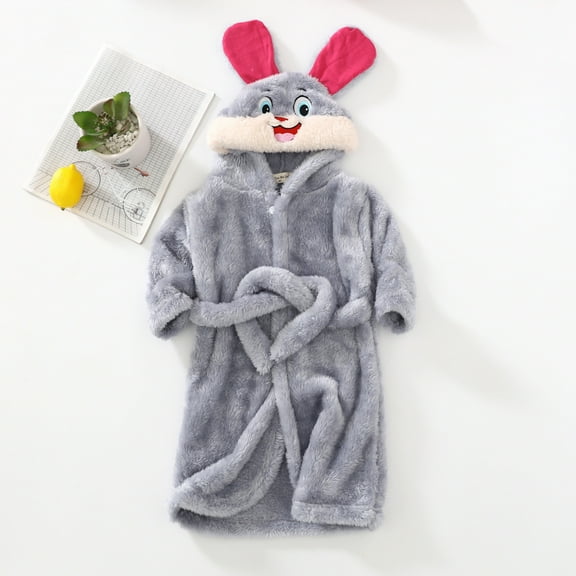 Toddler Kids Baby Boys Girls Cartoon Bathrobes Hooded Warm Flannel Night-Robe Sleepwear Pajamas Grey 1-2 Years