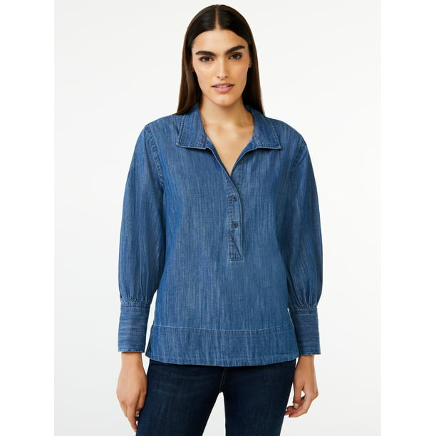 Free Assembly Women's Chambray Popover Top with Blouson Sleeves ...