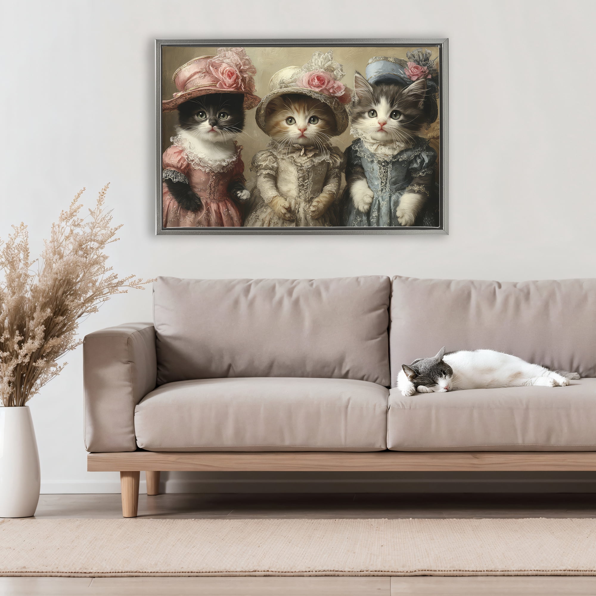 Stupell Industries Vintage Dress Cats Gray Framed Floater Canvas Wall Art, design by The Wands Want