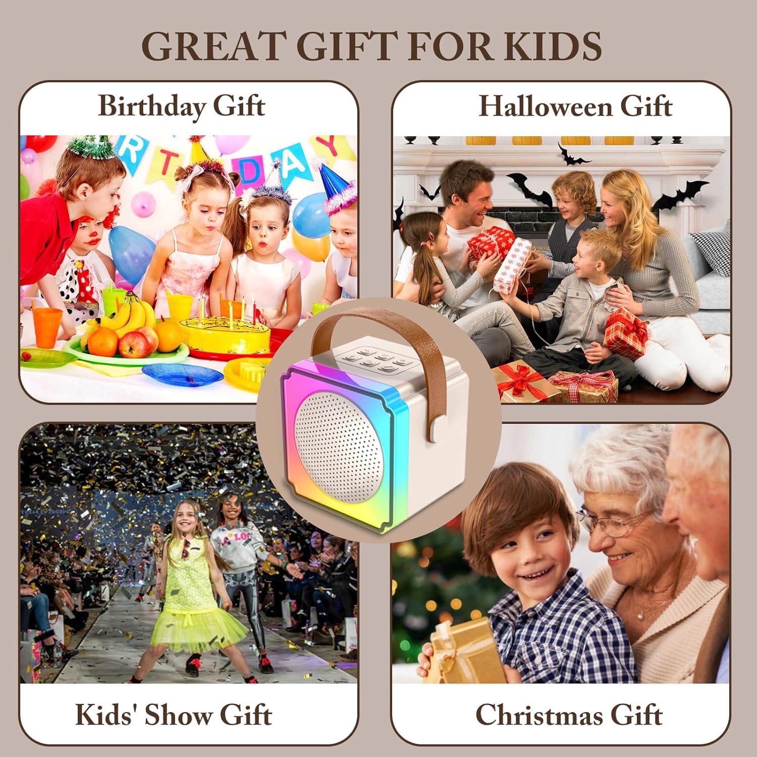 Best Mini Karaoke Machine with 2 Wireless Microphones, Portable Karaoke Machine, Voice Changing Effects, Bluetooth Speaker for Kids Adults, Birthday Gifts for Girls Boys (Beige)