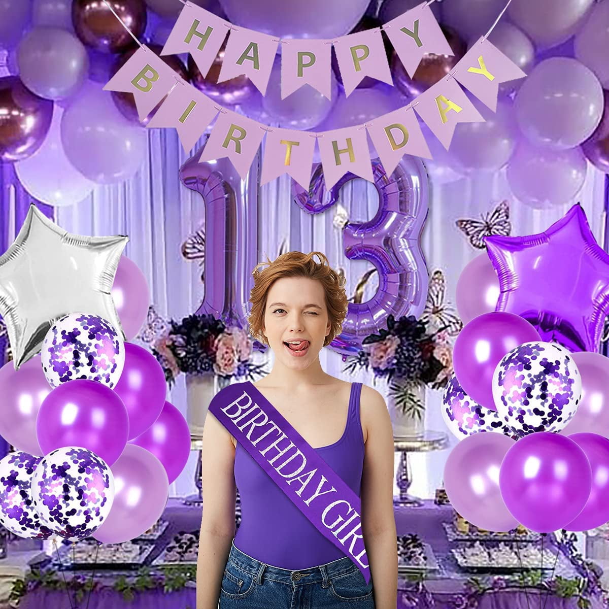 Purple 13th Birthday Decorations for Girls 13 Year Old Birthday Decorations Happy 13th Birthday Cake Topper Party Supplies Purple Number 13 Foil Balloon