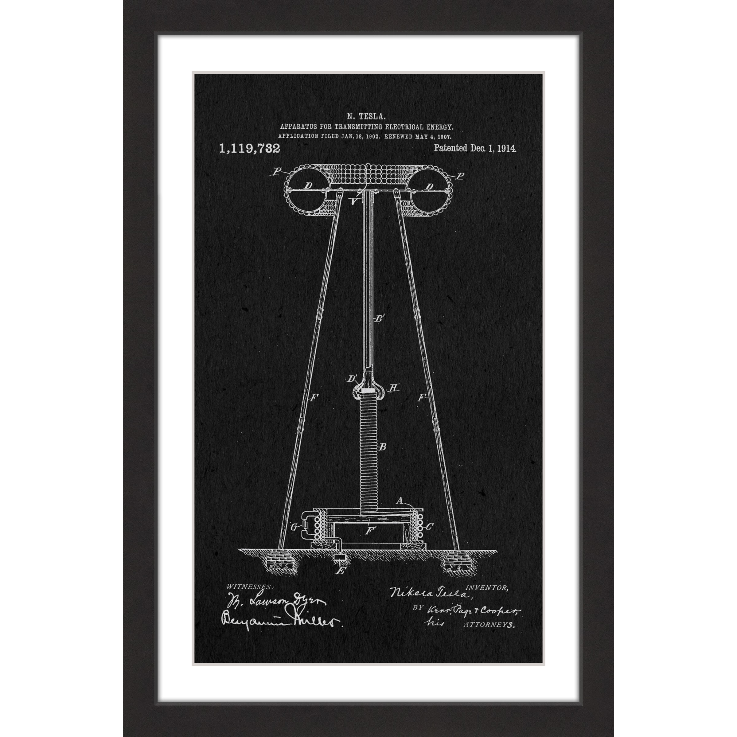 "Tesla Coil 1914 Black Paper" Framed Painting Print