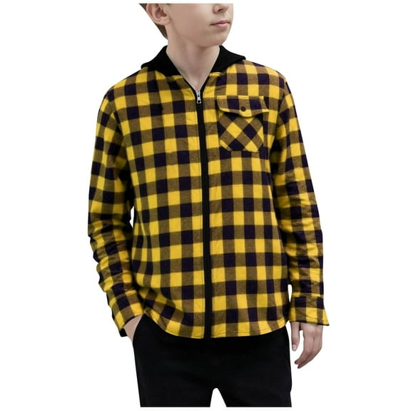 Lenpel Children's Plaid Shackets Boys Girls Long Sleeve Curved Hem Zip up Hooded Shirt Jackets Lightweight Outwear Coats(Yellow,14-15 Years)