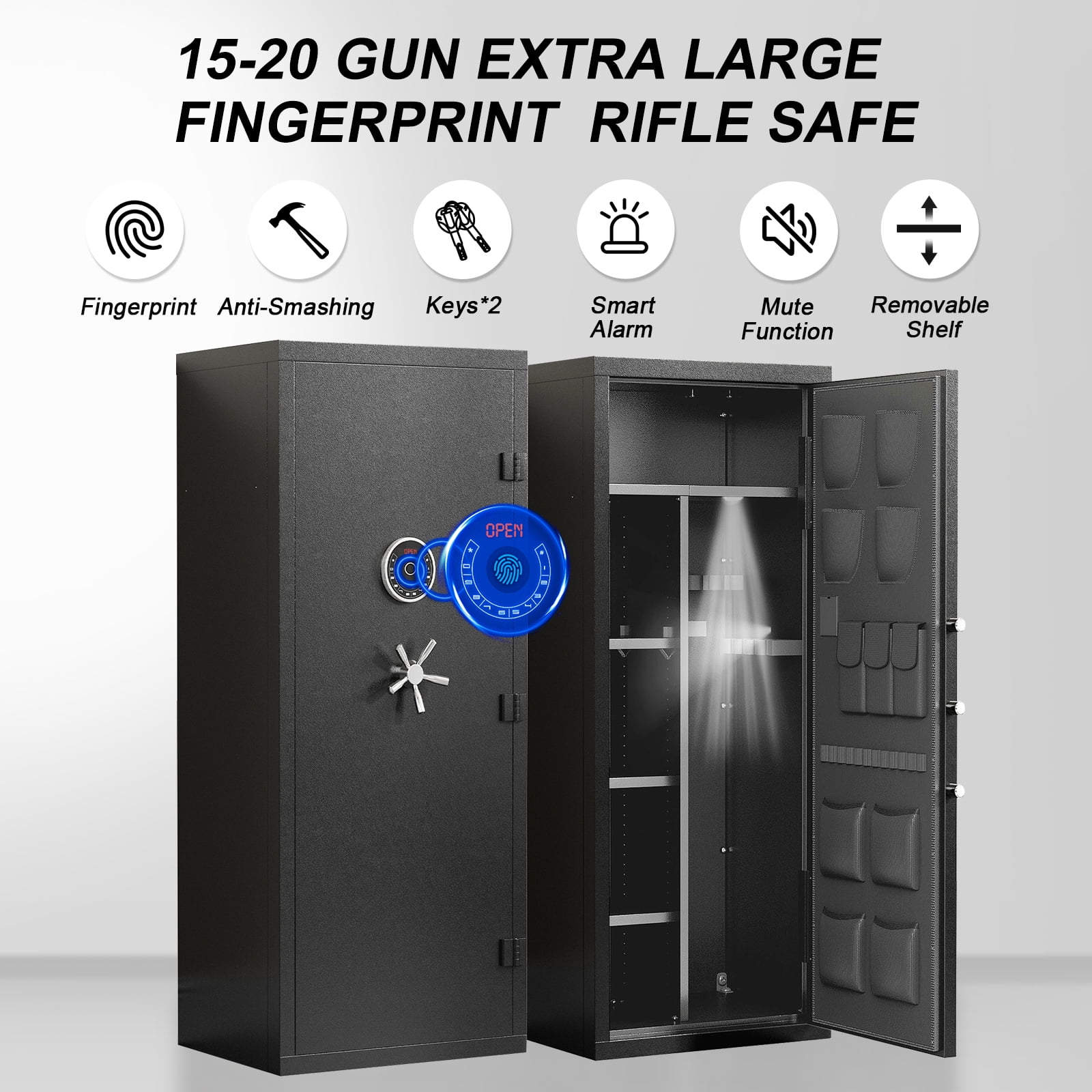 12-18 Gun Safe, Biometric Fingerprint Gun Safes With Induction Light, Large Gun Cabinet With Adjustable Shelves & Handgun Pockets, for Secure Home Storage