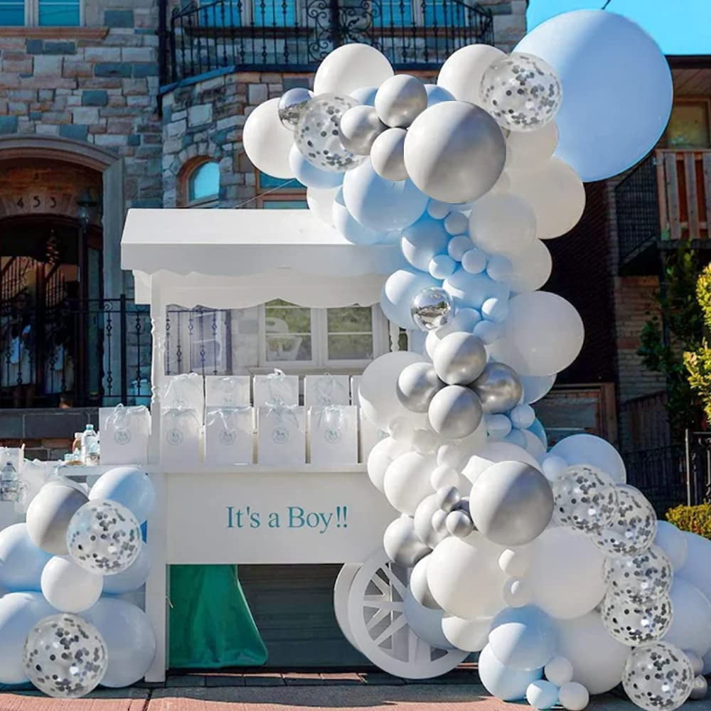 YANSION Blue Balloon Arch Kit, Balloon Arch Garland Kit, Macaron Blue White Gray Latex Party Balloon for Baby Shower, Wedding Birthday Party, Christening 1st Birthday Decorations Boys