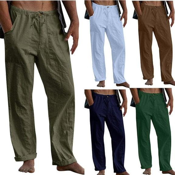 Up to 65% off!Casual Sports Gym Pants for Mens Plus Size Fashion New Linen Pants Drawstring Elastic Solid Color Loose Casual Trousers