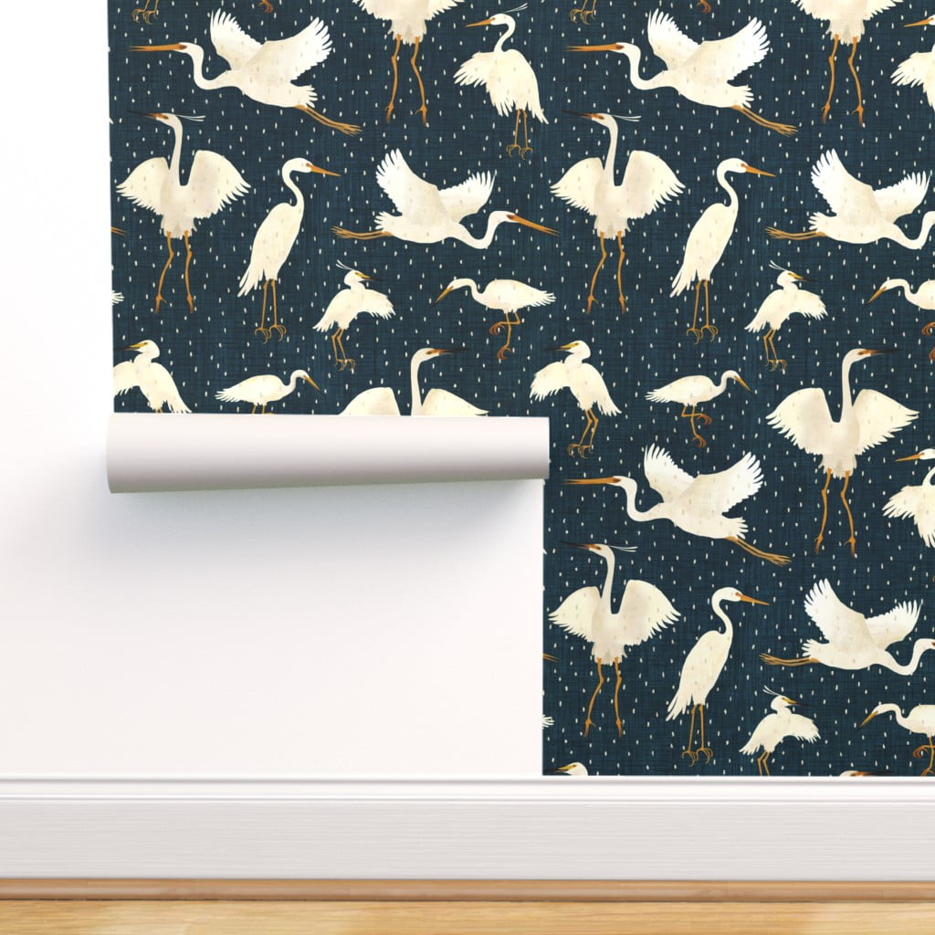Commercial Grade Wallpaper 27ft x 2ft - Kotuku Navy Bird White Blue Birds  Rain Dots Traditional Wallpaper by Spoonflower 