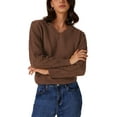 thumbnail image 1 of Suéteres de mujer Inspire Chic, suéter de punto de cuello en V, tejido de ganchillo, con agujeros, de manga larga, pulóver, talla XL, color marrón, 1 of 6